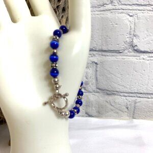 Blue Cat's Eye Glass Bead Bracelet - 6.5"